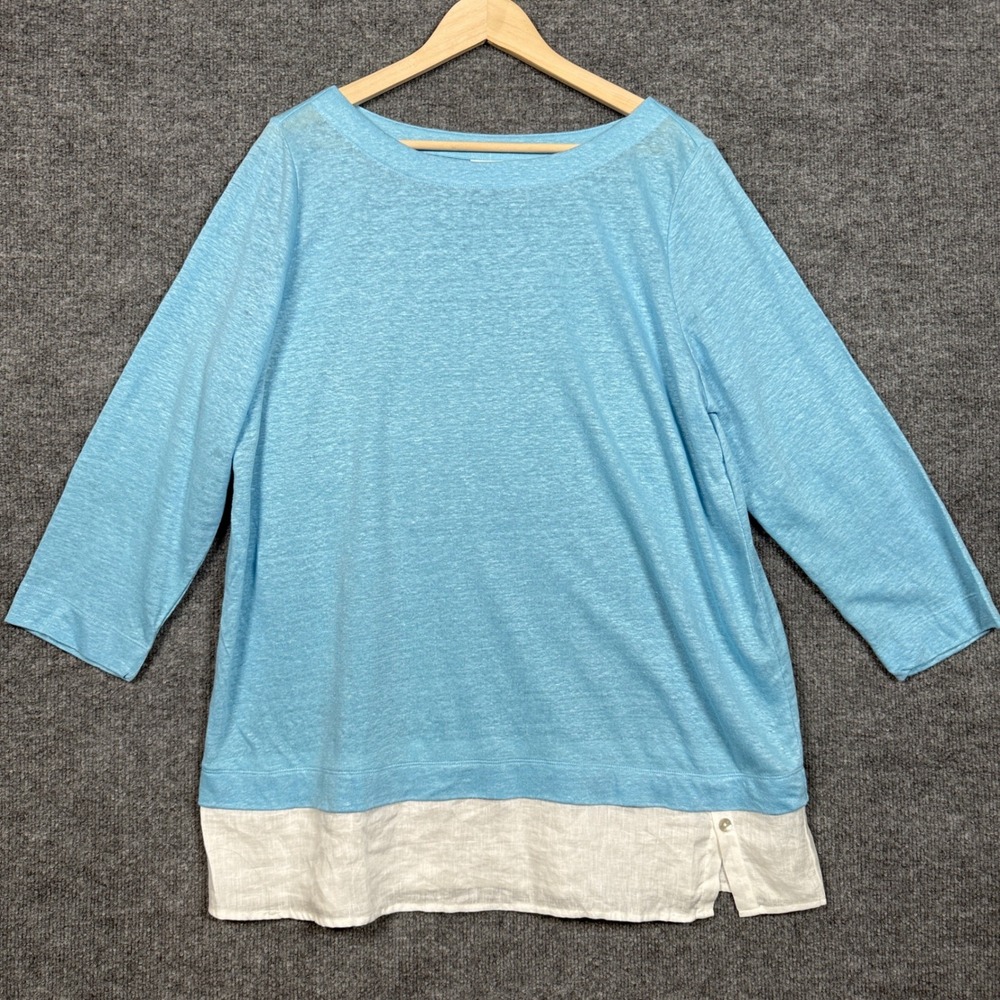 J.Jill Love Linen Womens Size Large Tunic Top Blue White Layered Hem Minimalist‎
